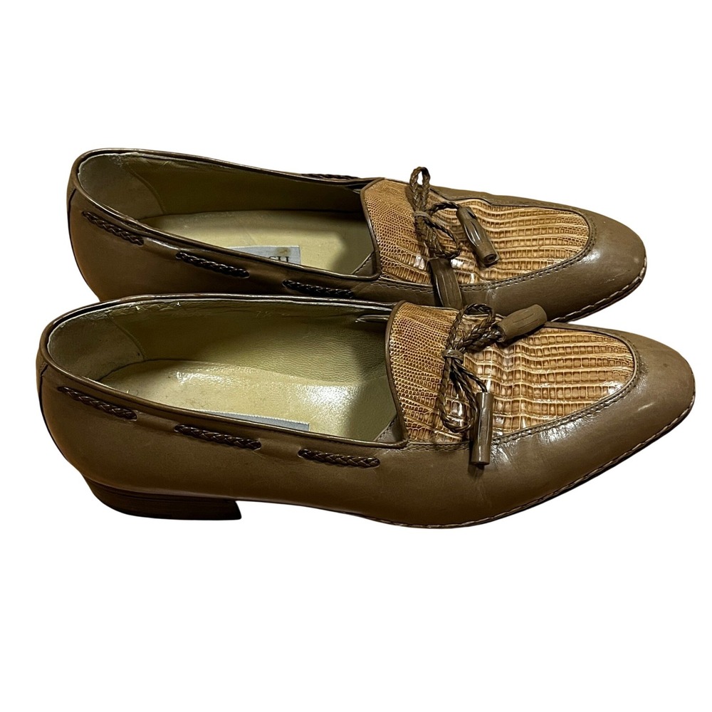 Bruno Magli Womens 7.5M Taupe Leather Lizard Embossed Tassel Loafers Old Money